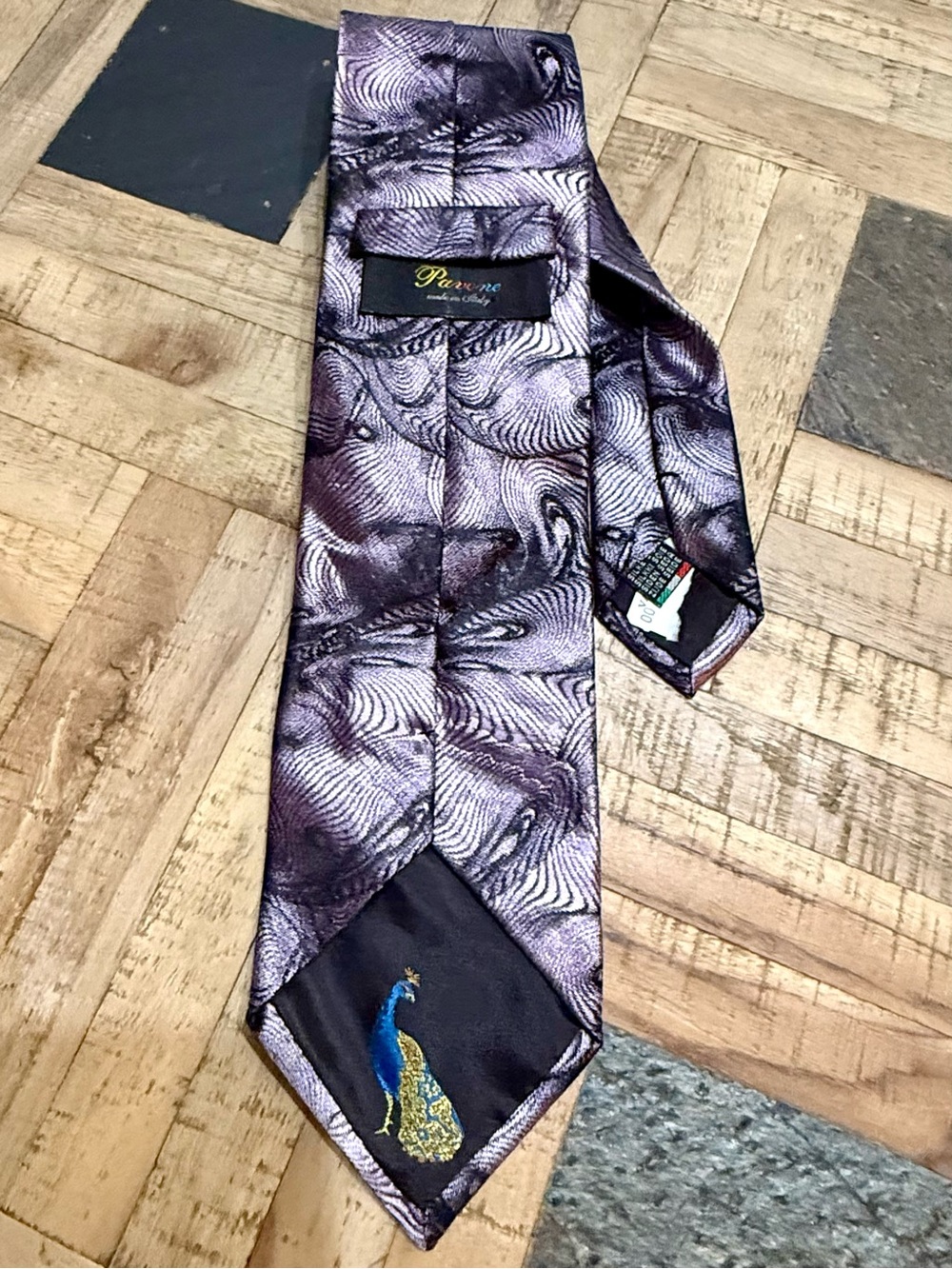 VTG Pavone Italy 100% Silk Tie Purple Silver Abstract Wave Y2K Metallic